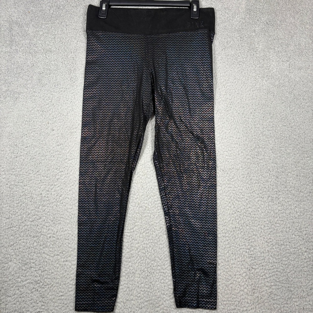 PINK Leggings Womens M Black Metallic Chevron Zig Zag Cotton Blend Yoga Active
